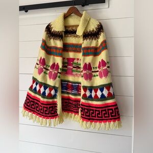 Vintage Handmade Knitted Yellow Colorful Fringed Sweater Poncho Cape Adult S/M